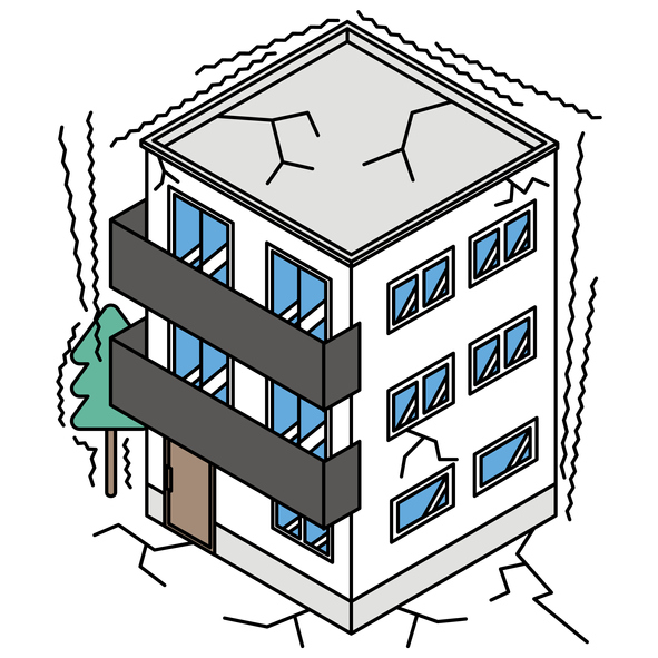This is an isometric illustration of a house cracked due to earthquake damage.